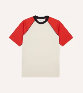 High Durability Weave Fashion and Comfort Ecru and Red Raglan Sleeve Hiking T-Shirt