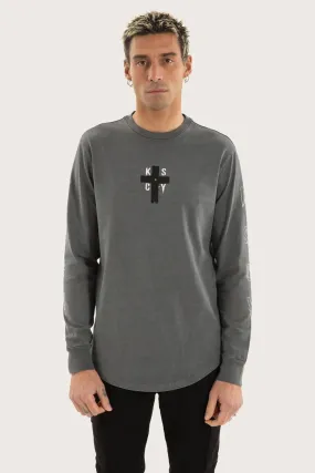 Cautious Dual Curved Long Sleeve Tee Pigment Charcoal Placket Detailing HighDurabilityWeave