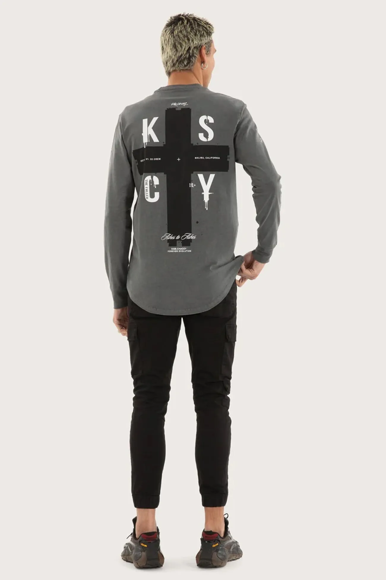 Stylish Jacket Cautious Dual Curved Long Sleeve Tee Pigment Charcoal