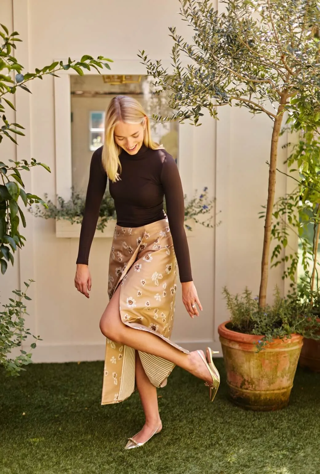 The Whitney Wrap Skirt - Desert Sand Brocade Slim Silhouette Trendy Layering