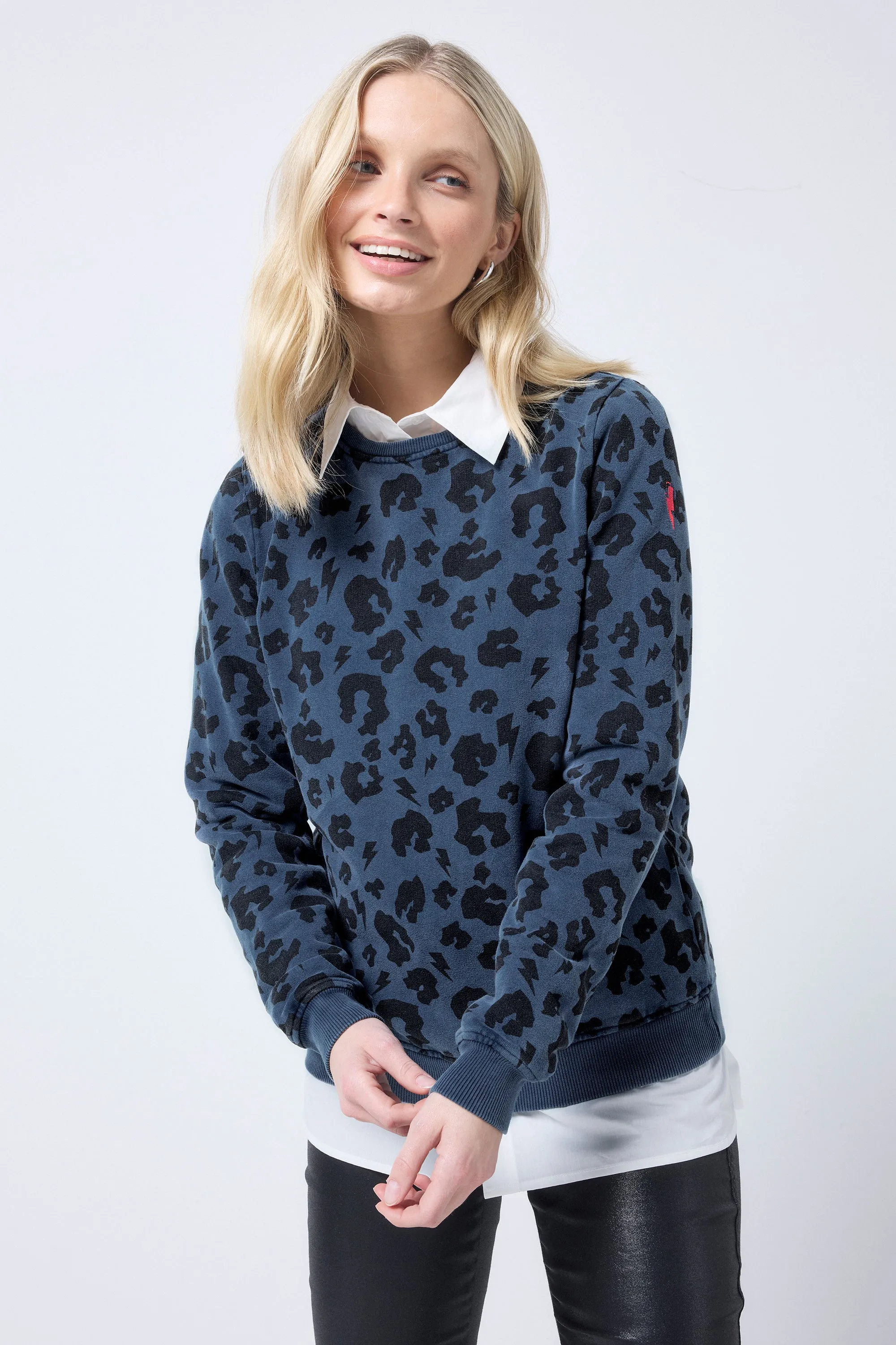 Washed Navy with Black Leopard Classic Sweatshirt Stain-Resistant