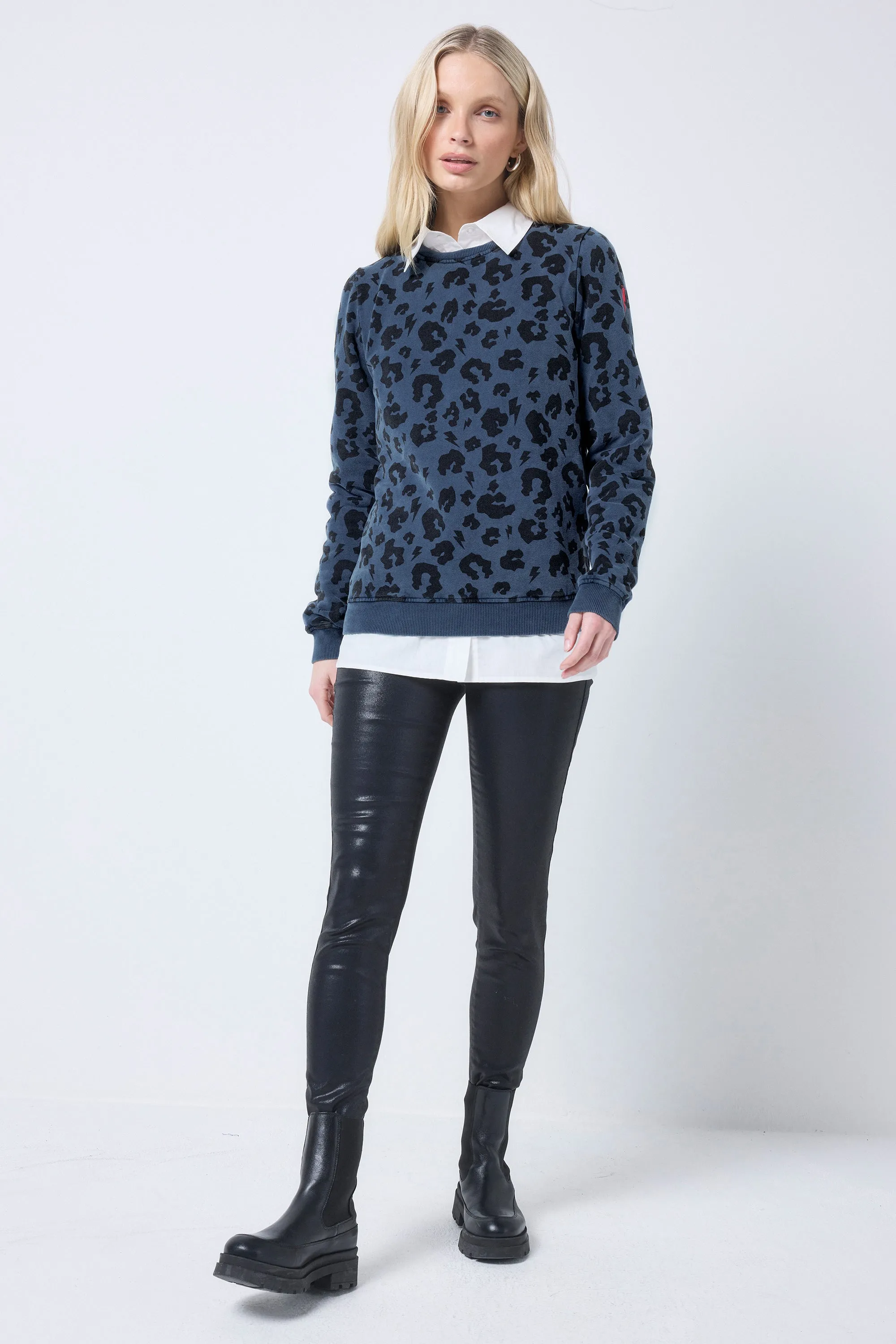 Washed Navy with Black Leopard Classic Sweatshirt Drawstring Hood Outdoor Chic