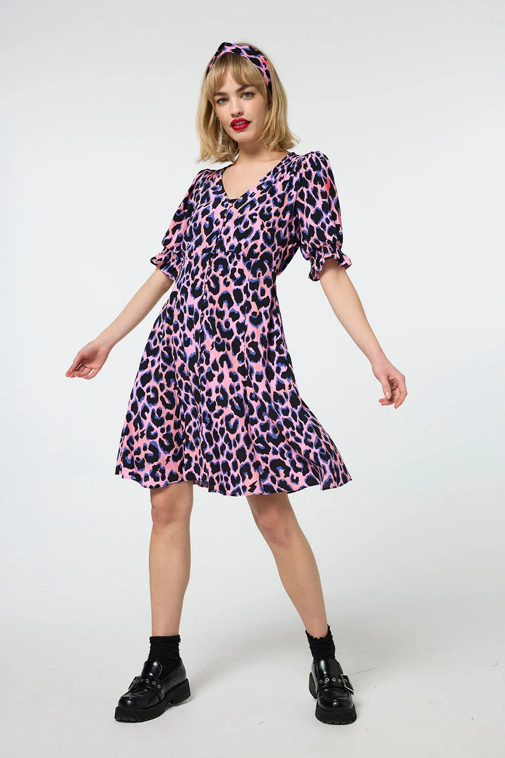 Pink with Blue and Black Shadow Leopard Short Tea Dress Casual Tones