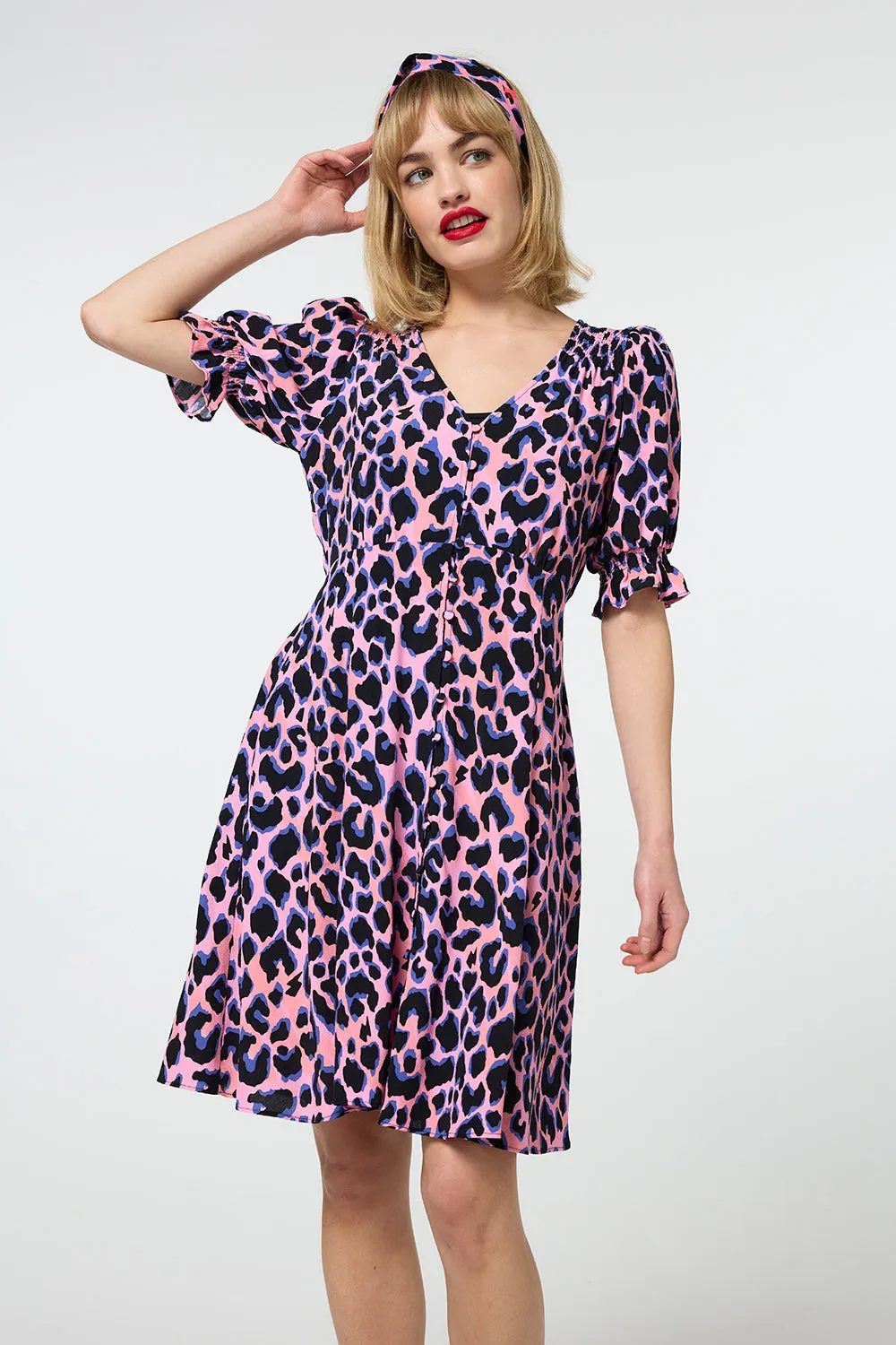 Pink with Blue and Black Shadow Leopard Short Tea Dress Shine Moment Vibrant Layer