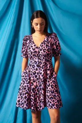 Comfortable office piece Pink with Blue and Black Shadow Leopard Short Tea Dress
