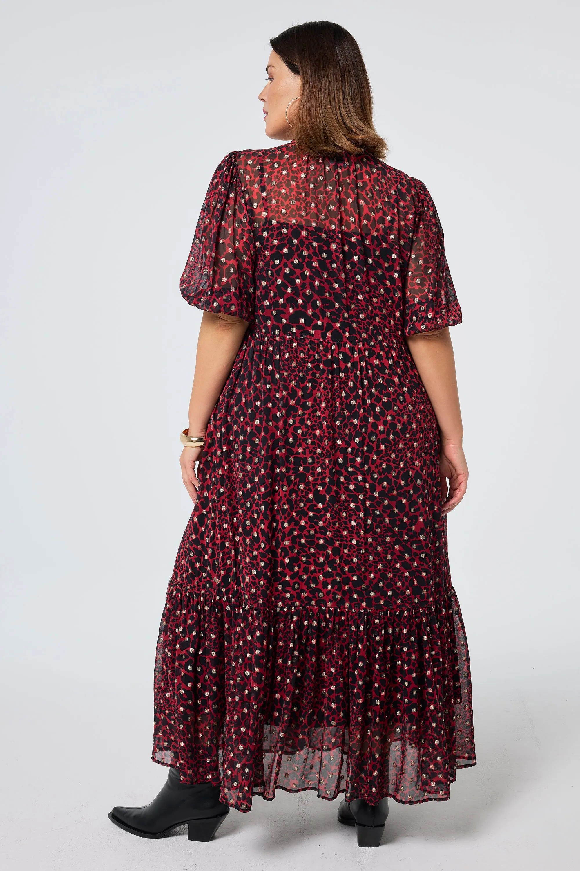 Red with Black and Gold Foil Chiffon Tiered Maxi Dress Sophisticated Wear Silky Shine