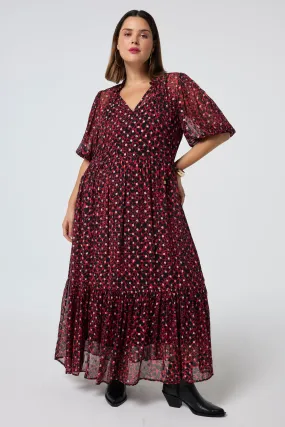 Winter-Season Red with Black and Gold Foil Chiffon Tiered Maxi Dress