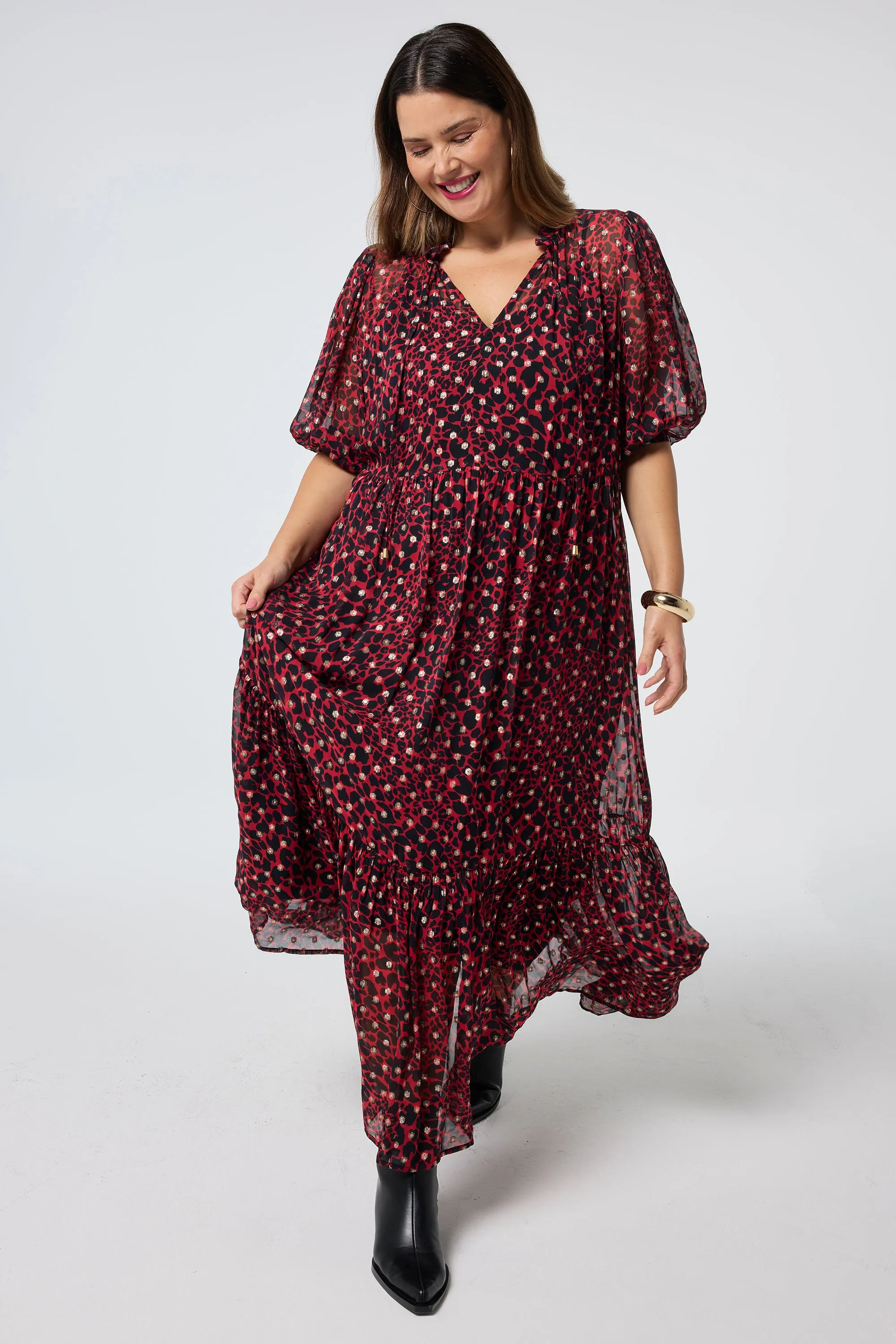 Balanced Fit Red with Black and Gold Foil Chiffon Tiered Maxi Dress