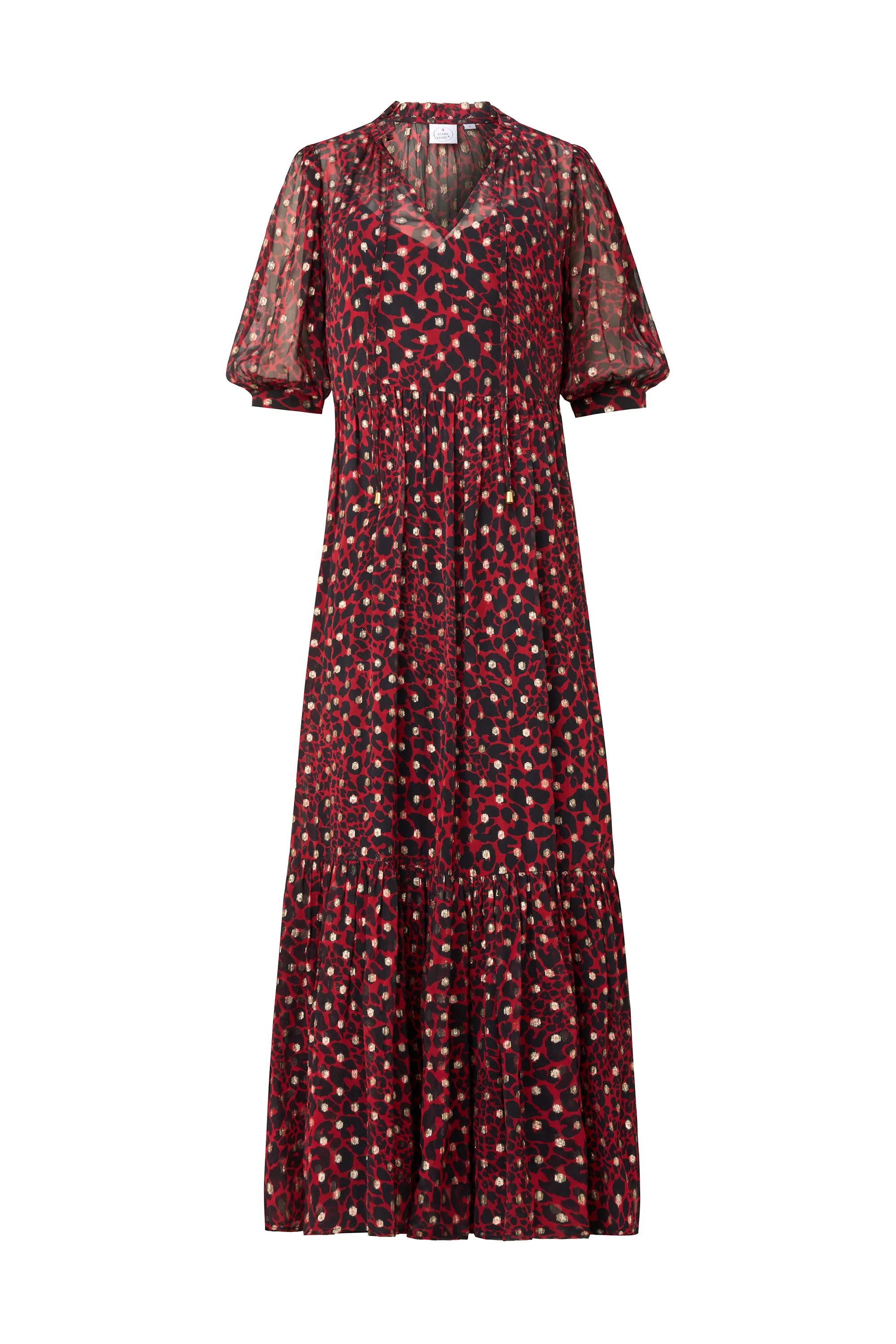 Red with Black and Gold Foil Chiffon Tiered Maxi Dress Knit Warm