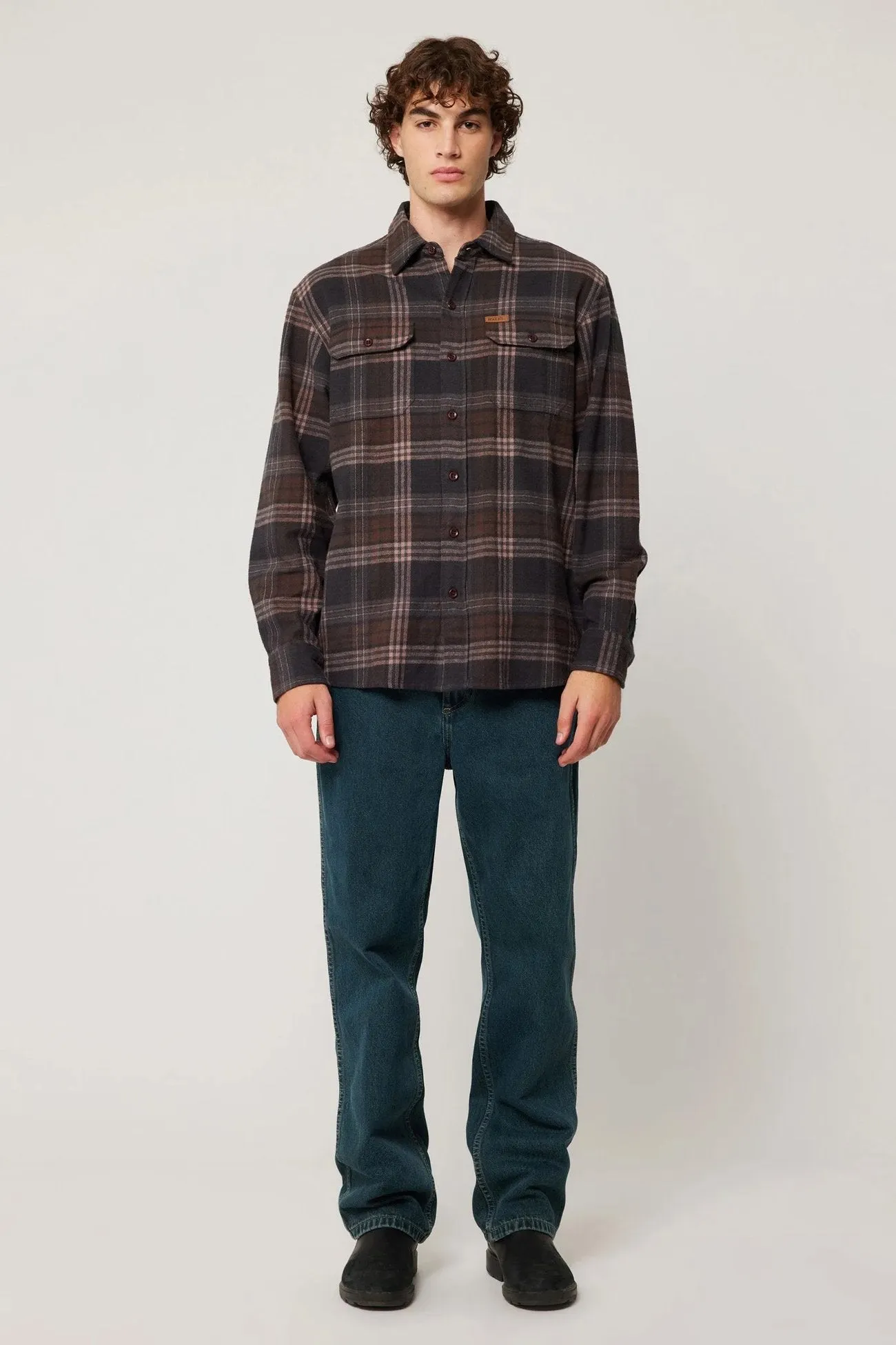 Trailer Check Shirt Brown Check Slim Fit Shirt Weighted Hem Design