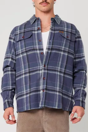 Trailer Check Shirt Navy Natural Fiber Blend Minimalist Silhouette Cut