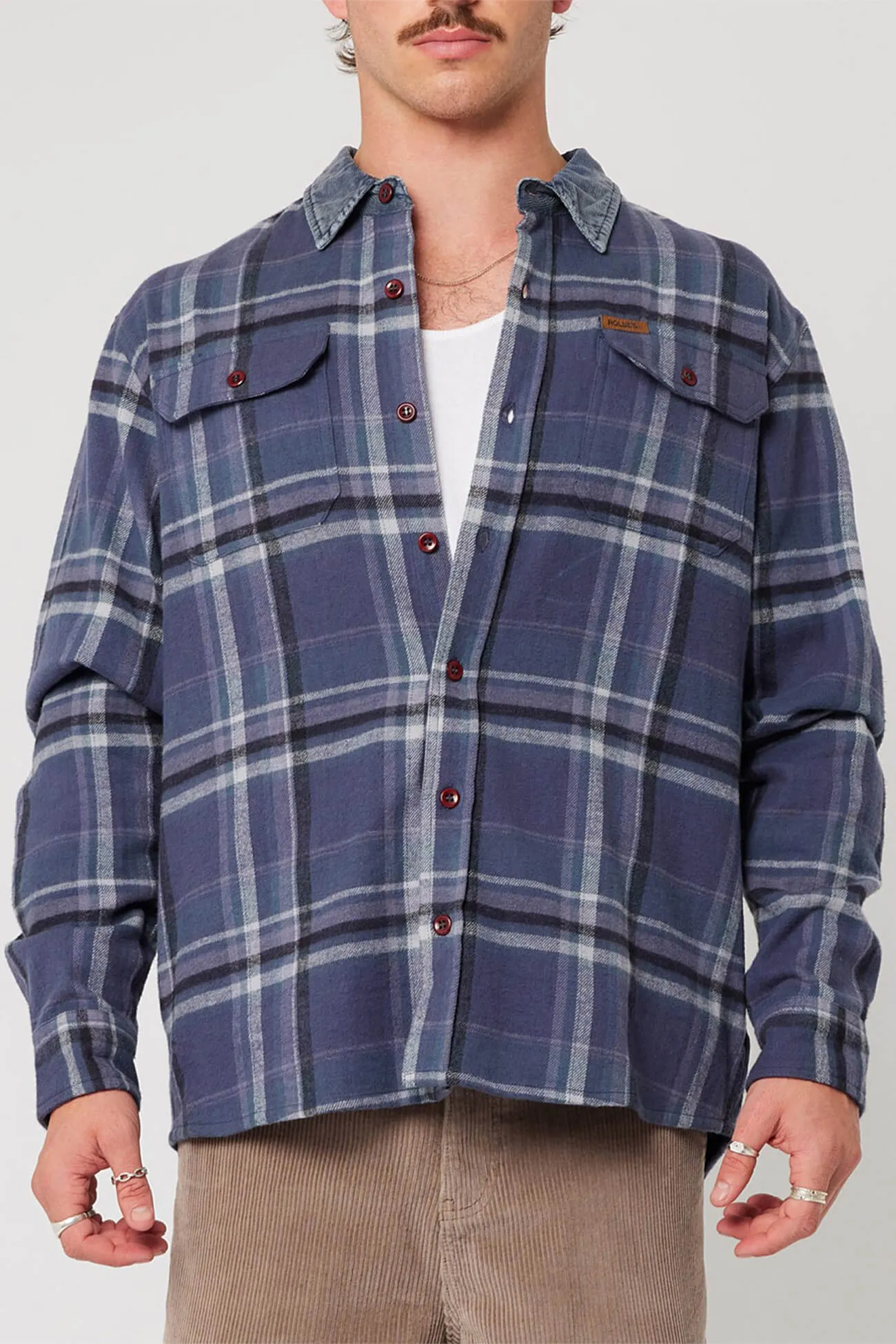 Trailer Check Shirt Navy Natural Fiber Blend Minimalist Silhouette Cut