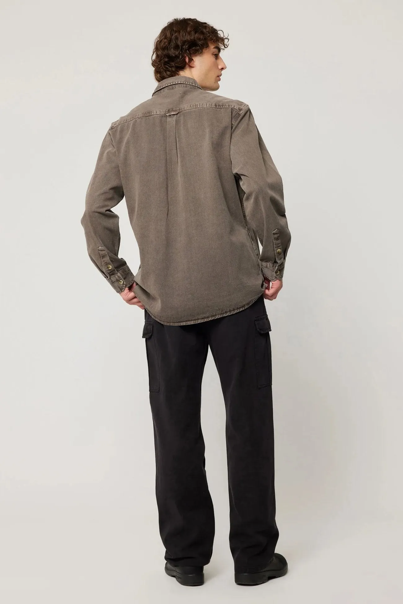 Circular Knit RawEdgedDesign Trailer Drill Shirt Brown