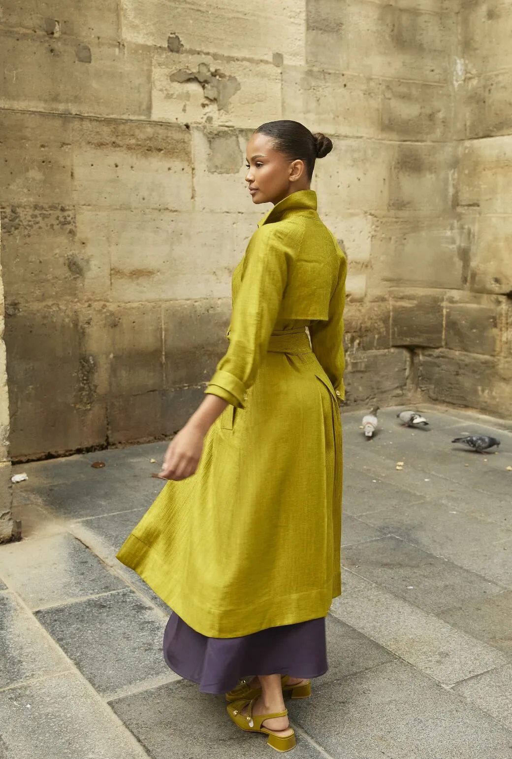 Trench Coat - Ribbed Chartreuse Ergonomic Shoulder Design