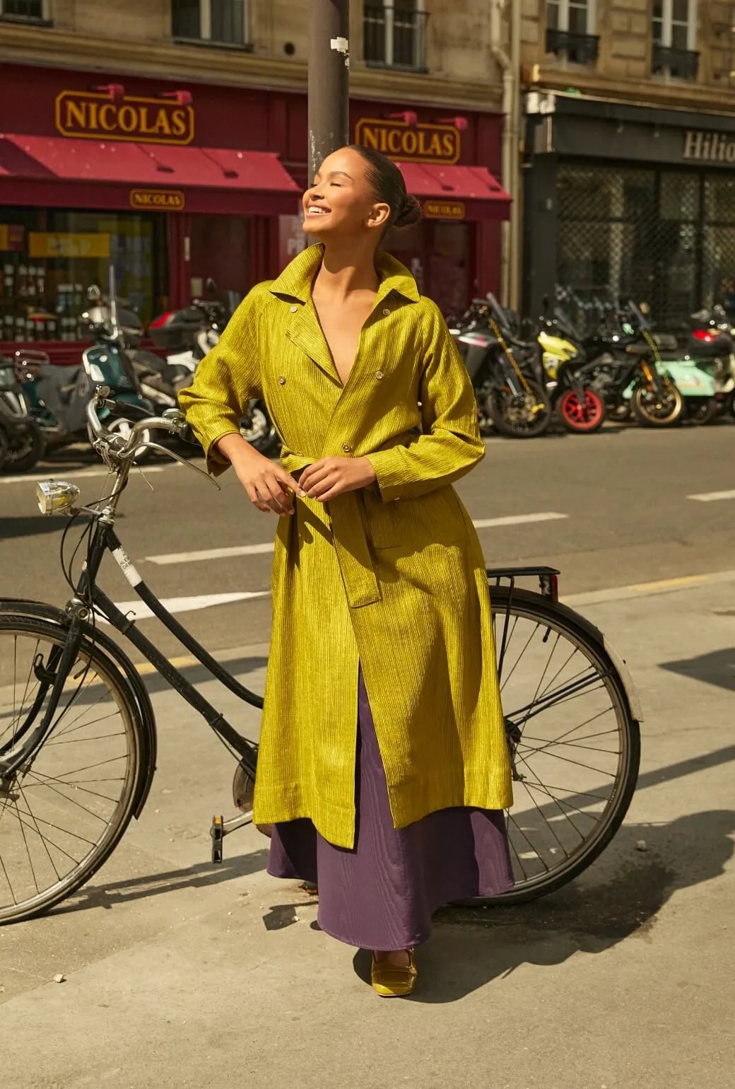 Trench Coat - Ribbed Chartreuse Minimal Travel Look Reinforced Stitching