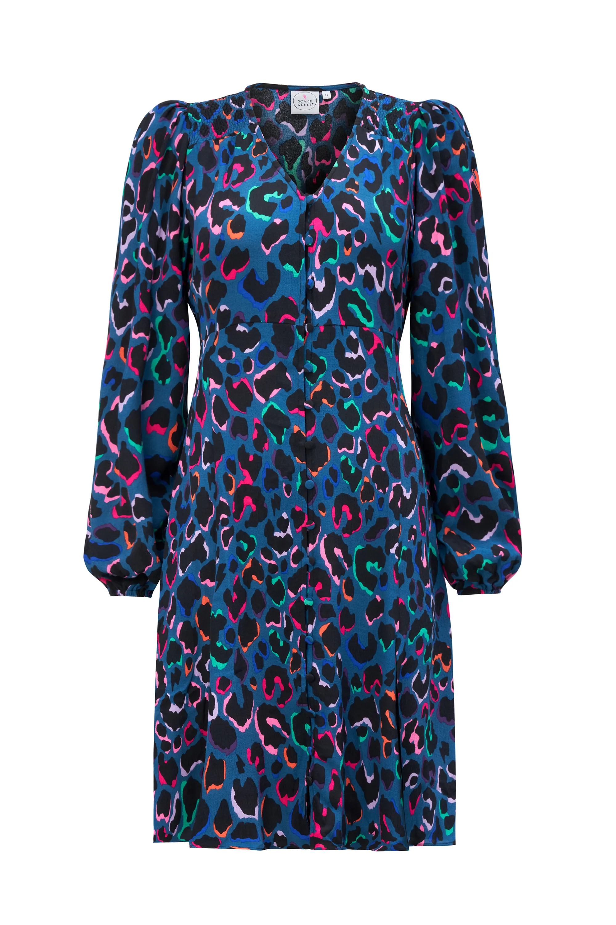 Simple Mood Teal with Rainbow Shadow Leopard Blouson Sleeve Godet Short Dress