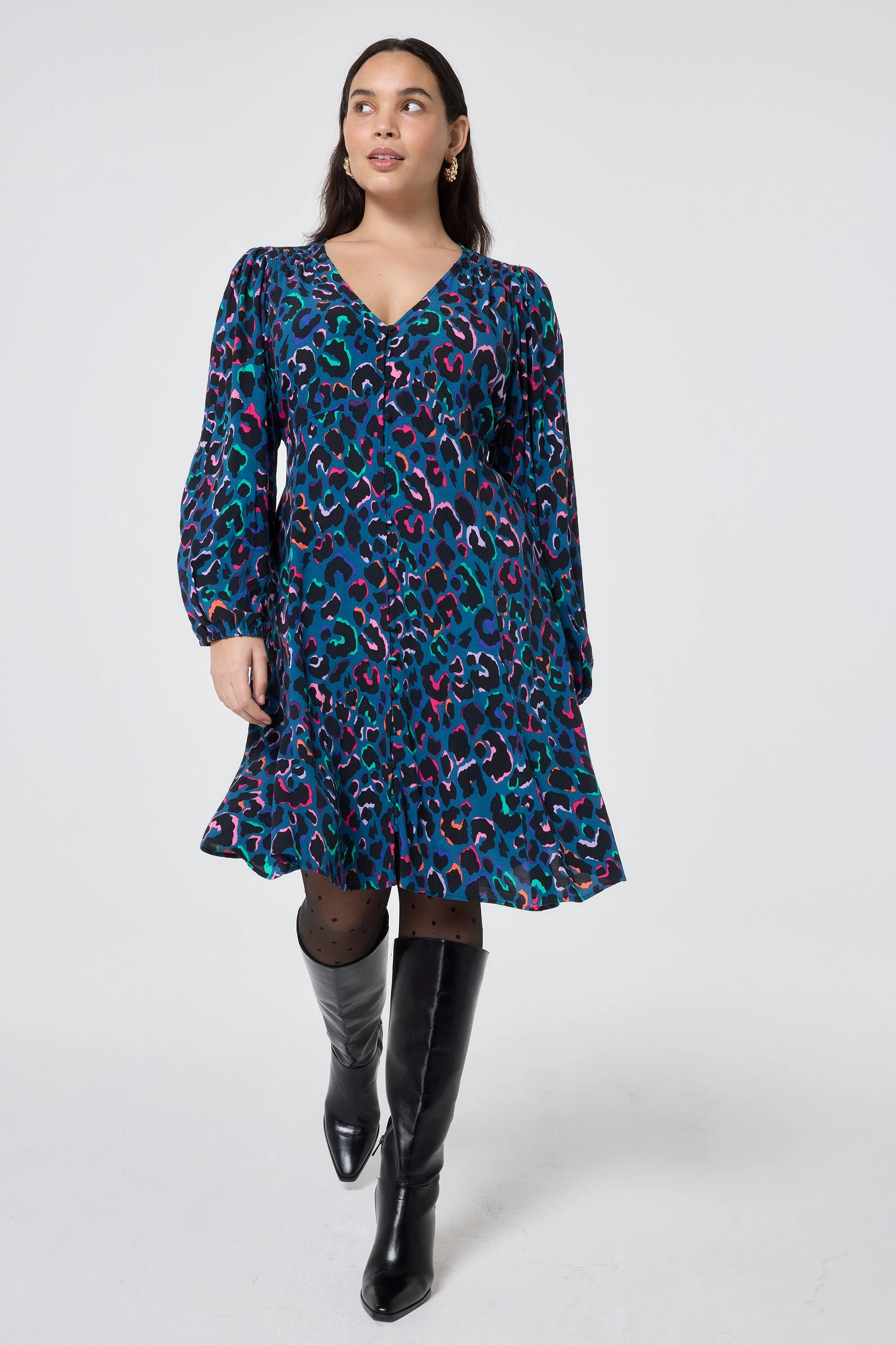 Teal with Rainbow Shadow Leopard Blouson Sleeve Godet Short Dress Feminine Details