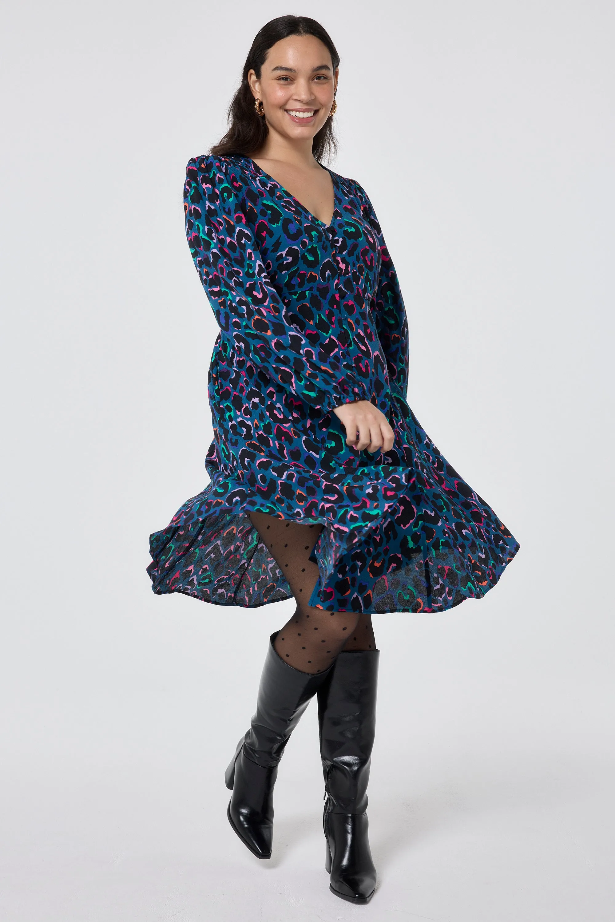 Fold-Over-Detail All Gender Fit Teal with Rainbow Shadow Leopard Blouson Sleeve Godet Short Dress
