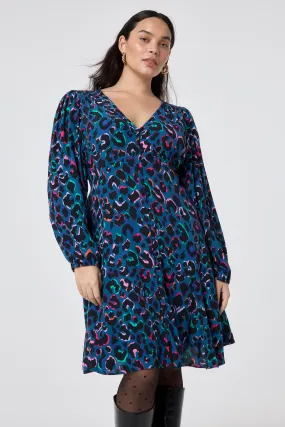 Teal with Rainbow Shadow Leopard Blouson Sleeve Godet Short Dress Clean Stitch Neutral Look