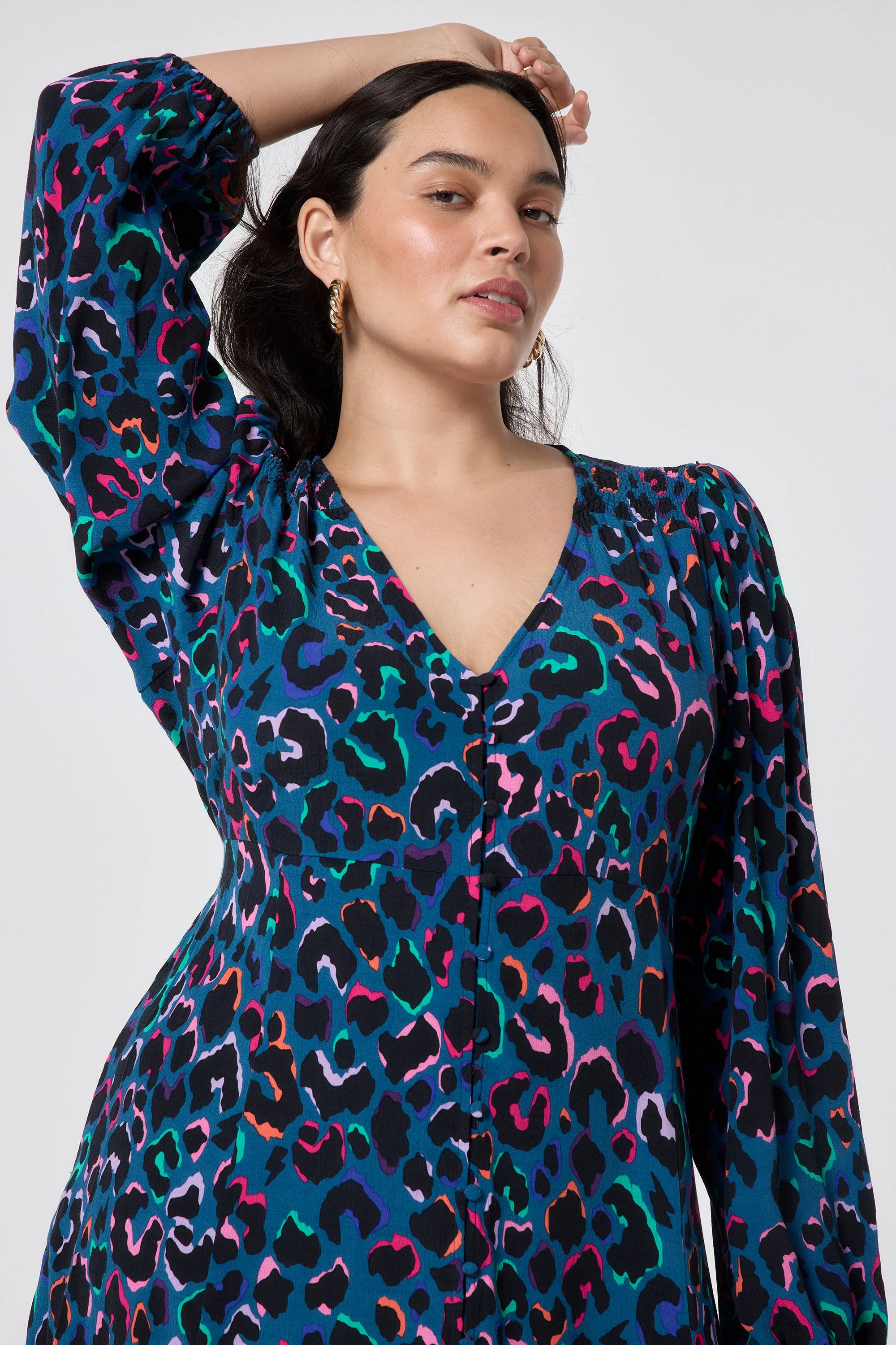 Teal with Rainbow Shadow Leopard Blouson Sleeve Godet Short Dress Essential Style