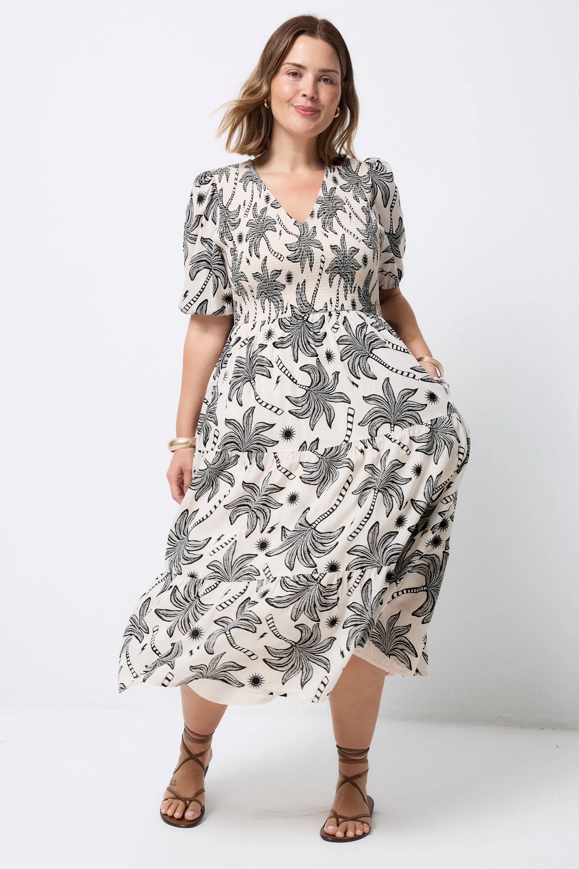 Neutral with Black Palm Spring Shirred Puff Sleeve Midi Dress Natural Flow Light Fit