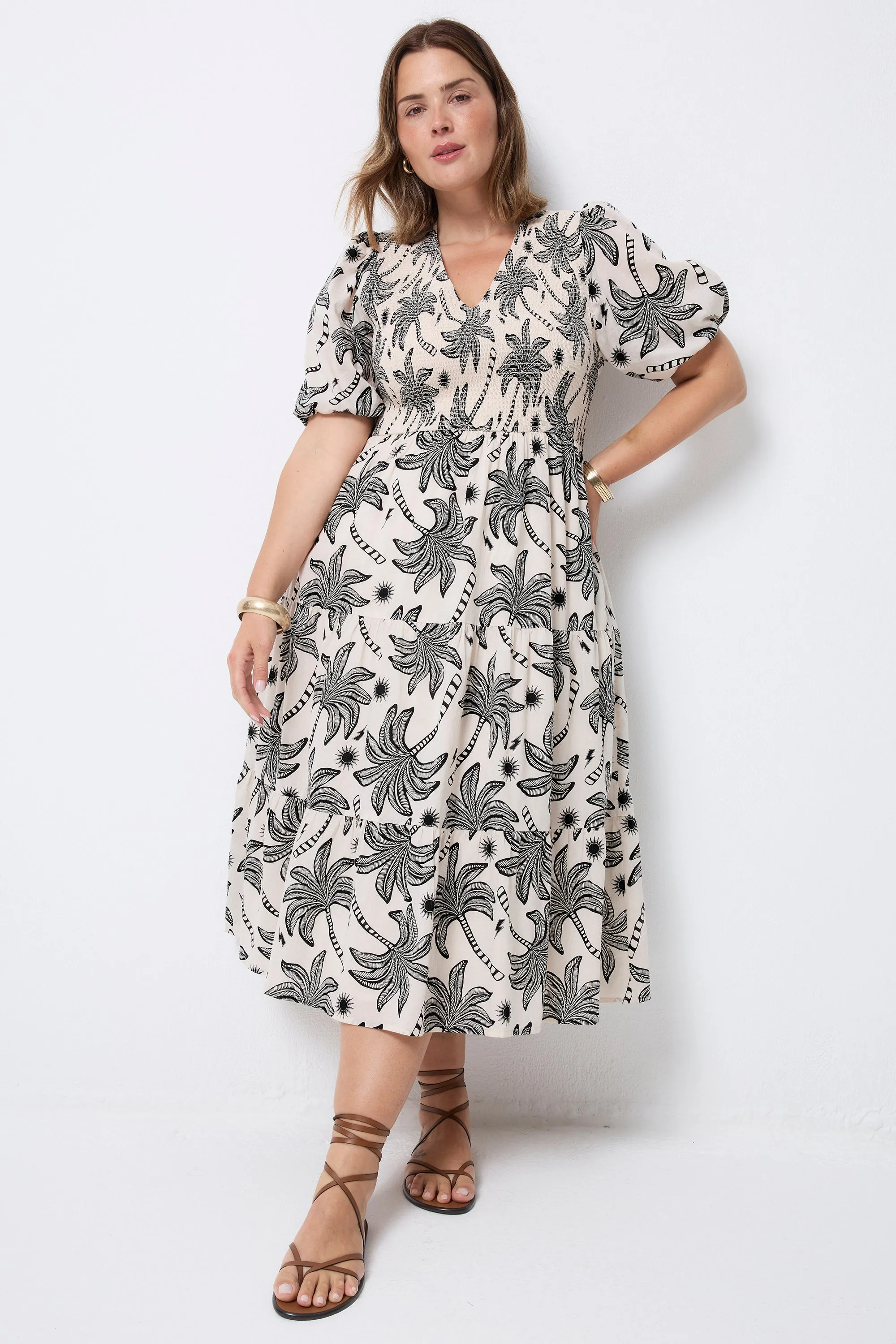 Neutral with Black Palm Spring Shirred Puff Sleeve Midi Dress Lightweight-Comfort