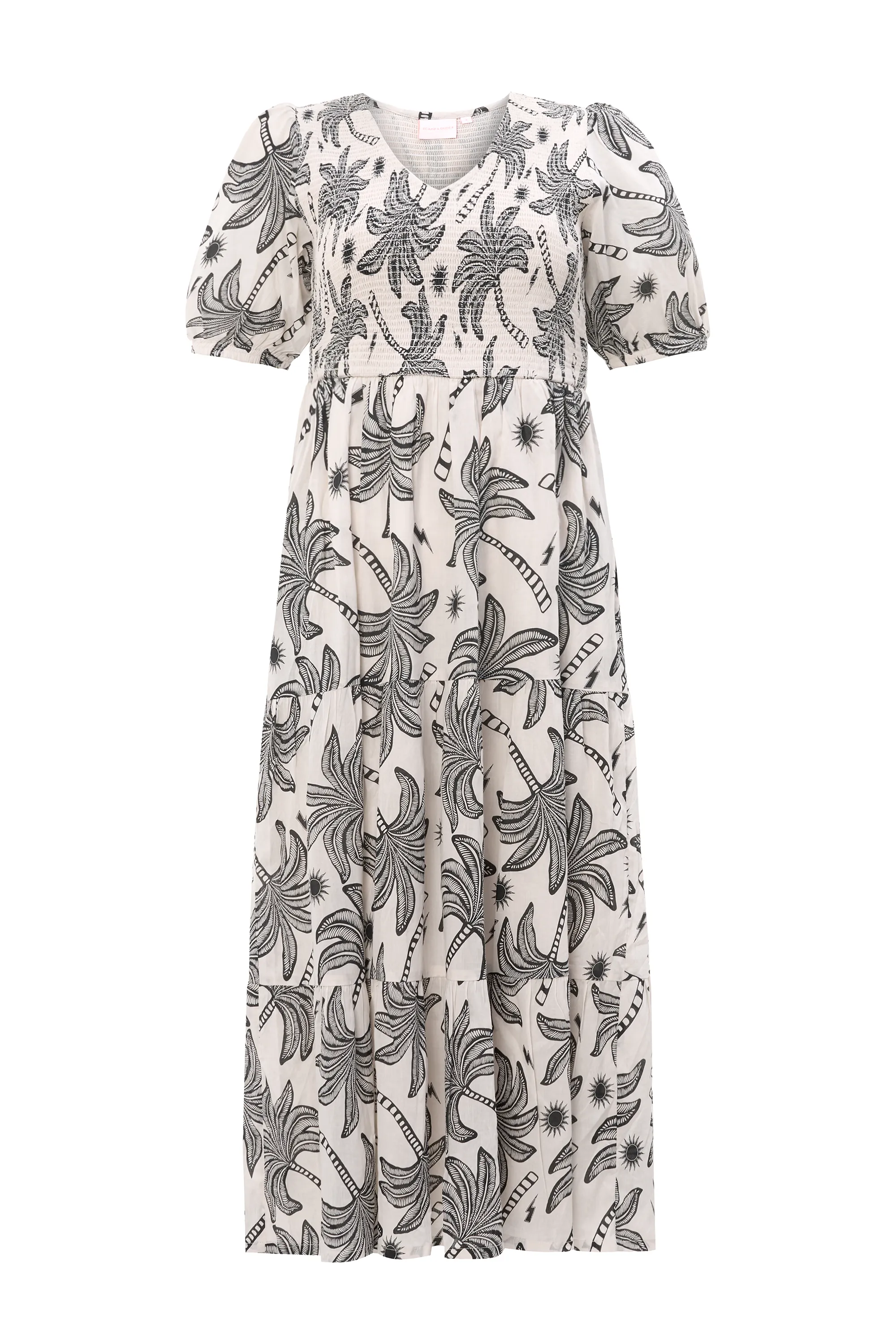 Gender Free Emerging-Brand Neutral with Black Palm Spring Shirred Puff Sleeve Midi Dress