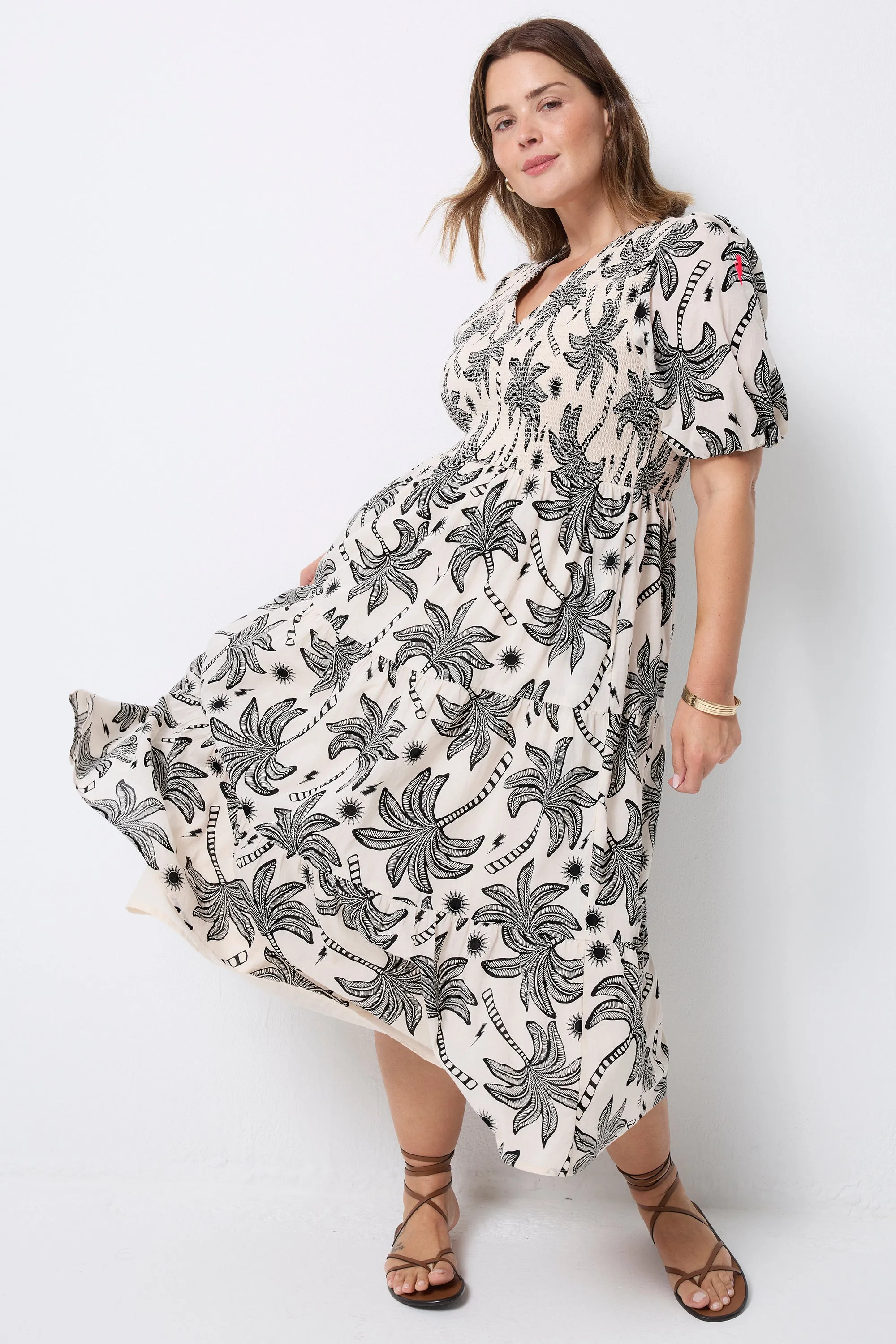 Neutral with Black Palm Spring Shirred Puff Sleeve Midi Dress All-Day Fit