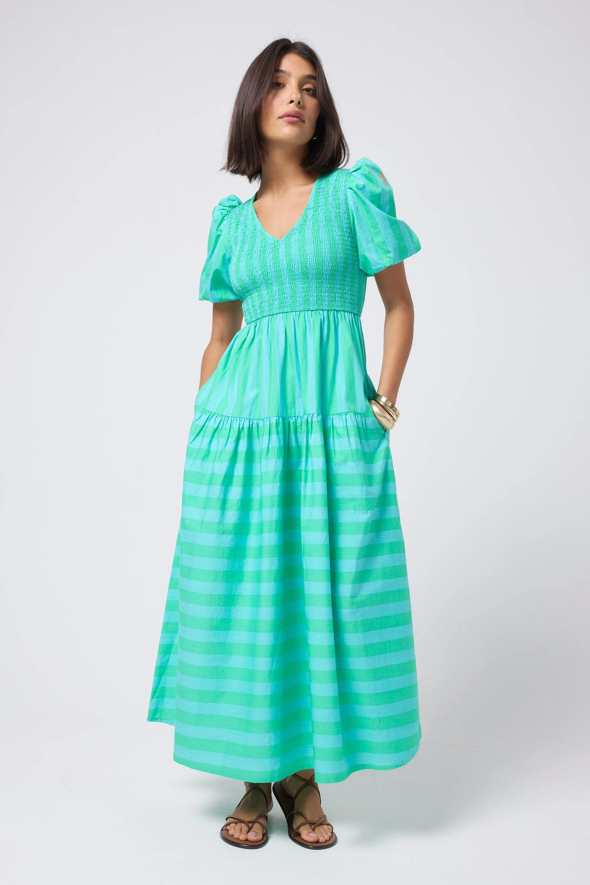 Blue with Green Stripe Puff Sleeve Maxi Dress Relax Tones Travel Friendly
