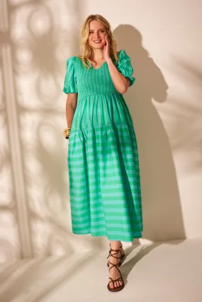 Blue with Green Stripe Puff Sleeve Maxi Dress Relaxed Layers relaxed shape