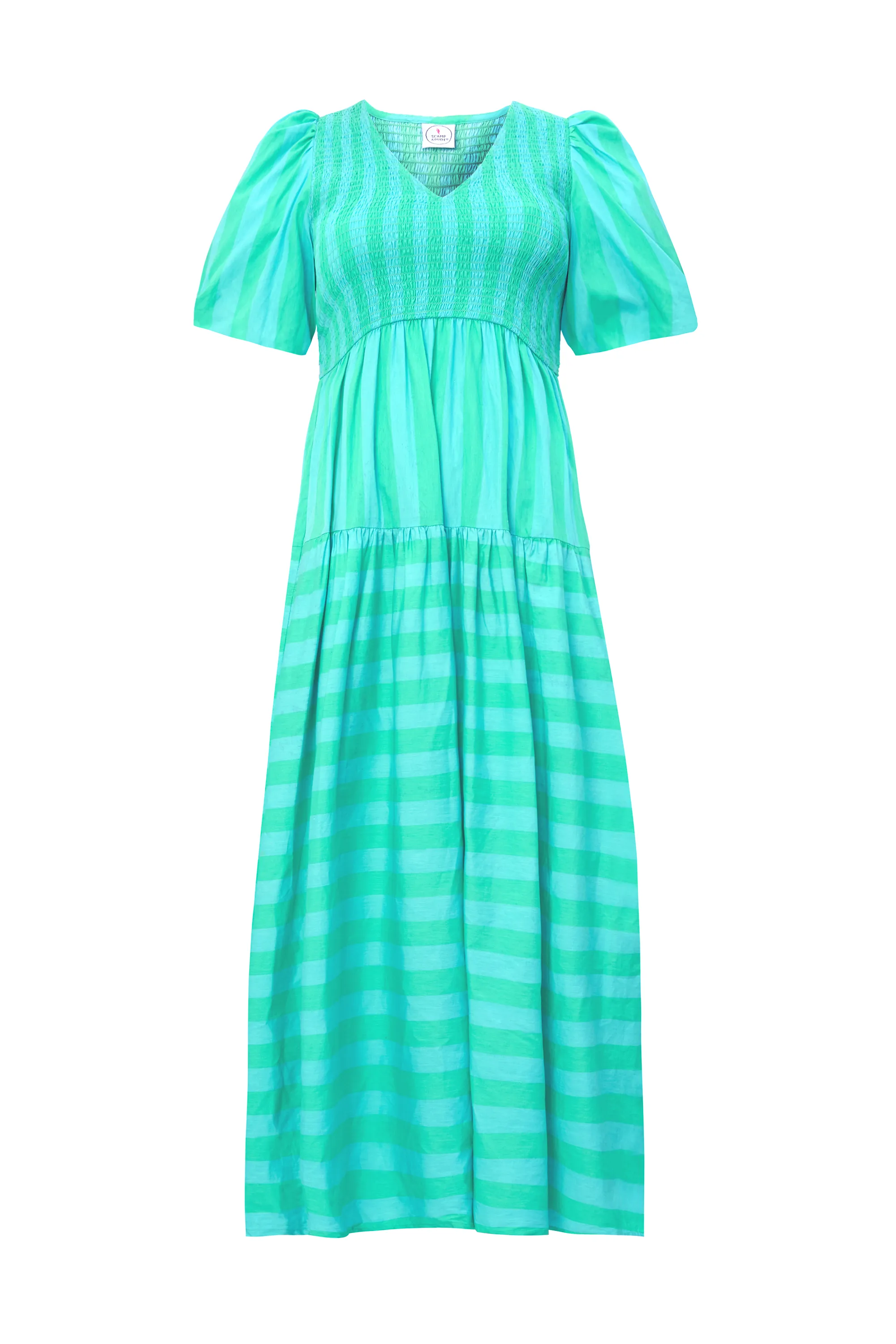 Blue with Green Stripe Puff Sleeve Maxi Dress Versatile Wear Elegant Everyday