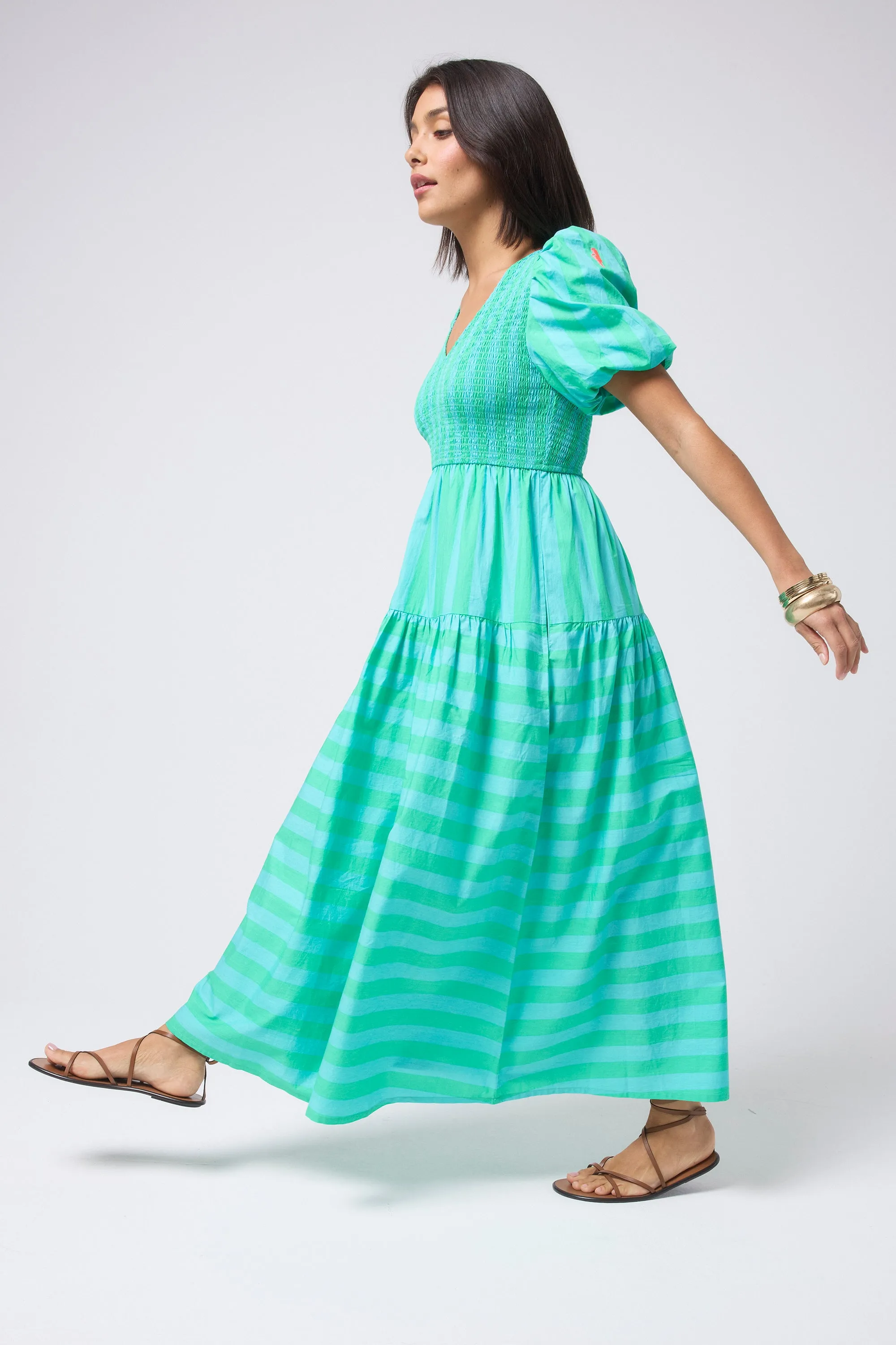 Blue with Green Stripe Puff Sleeve Maxi Dress Street Style Timeless Wear