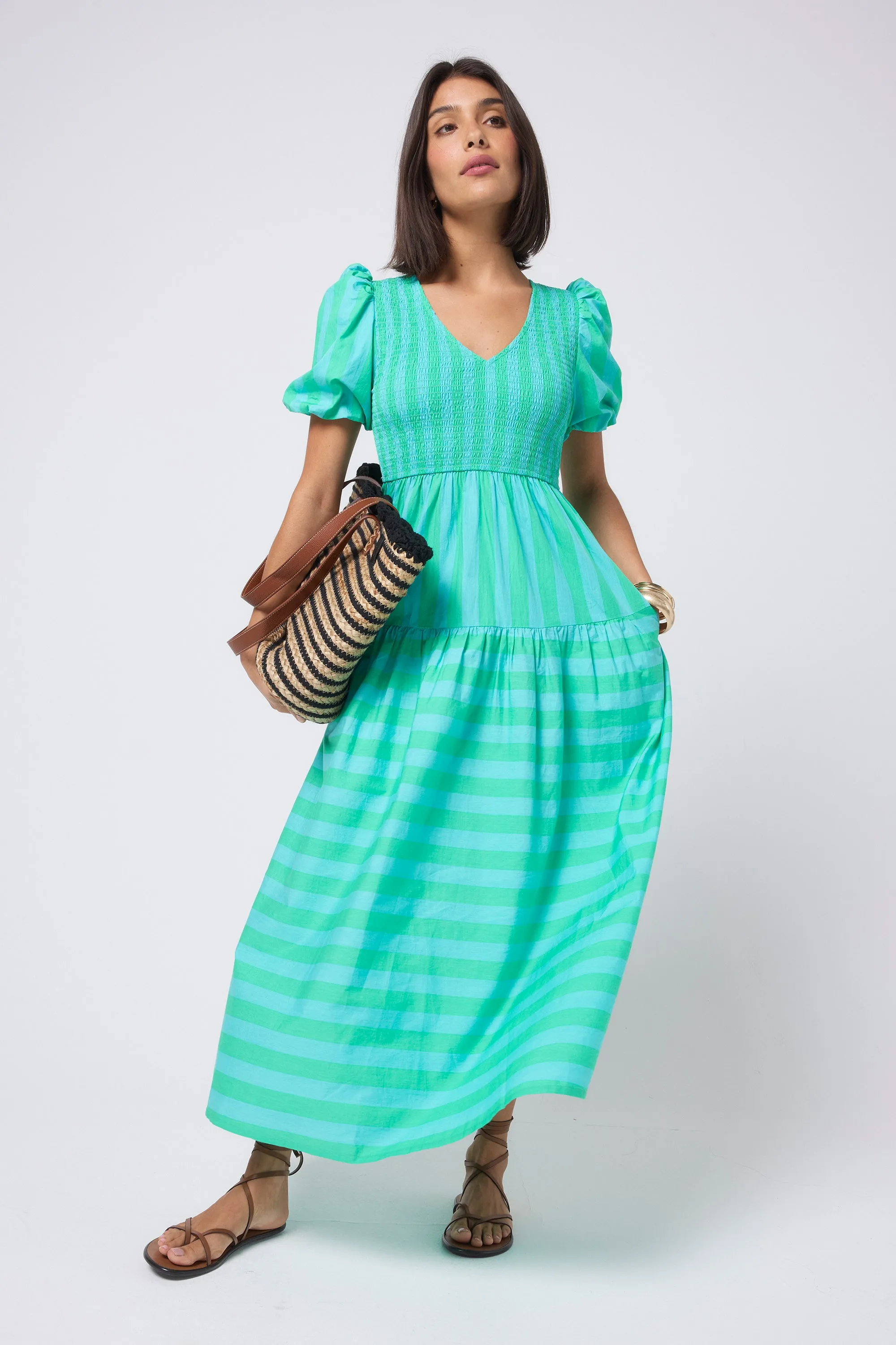 Blue with Green Stripe Puff Sleeve Maxi Dress Light and Comfortable
