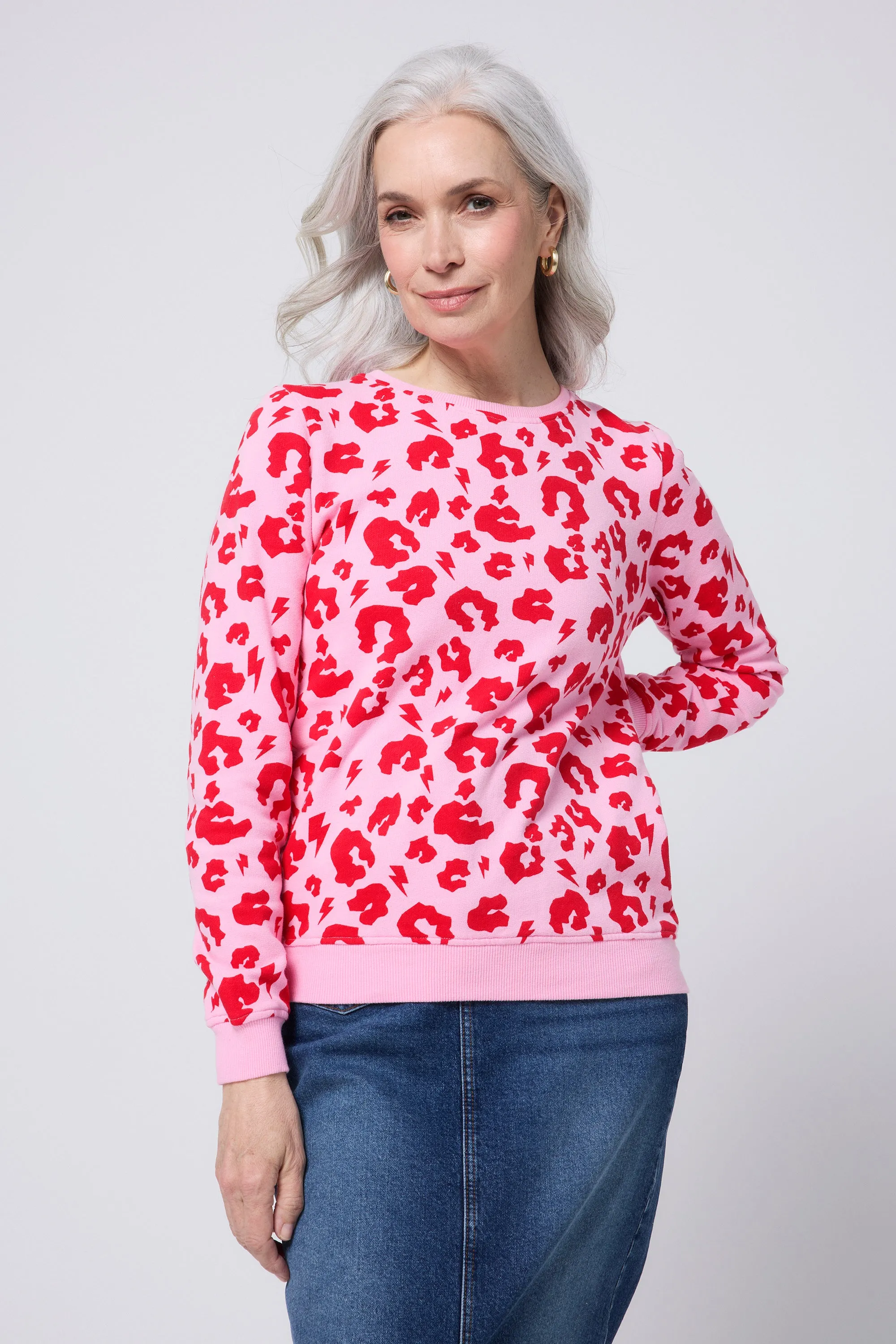 Pink with Red Leopard Sweatshirt Casual Elegance