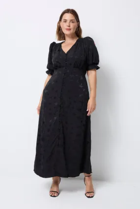 Black Jacquard Star Flute Sleeve Midi Tea Dress Body Safe Satin Touch