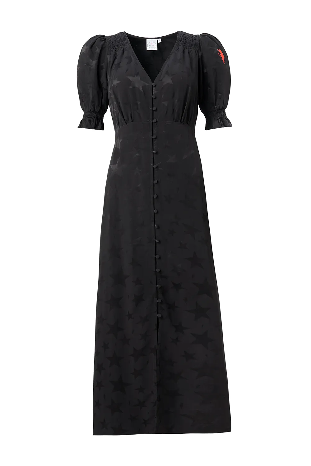 LowProfileZipper Smart and Sleek Black Jacquard Star Flute Sleeve Midi Tea Dress