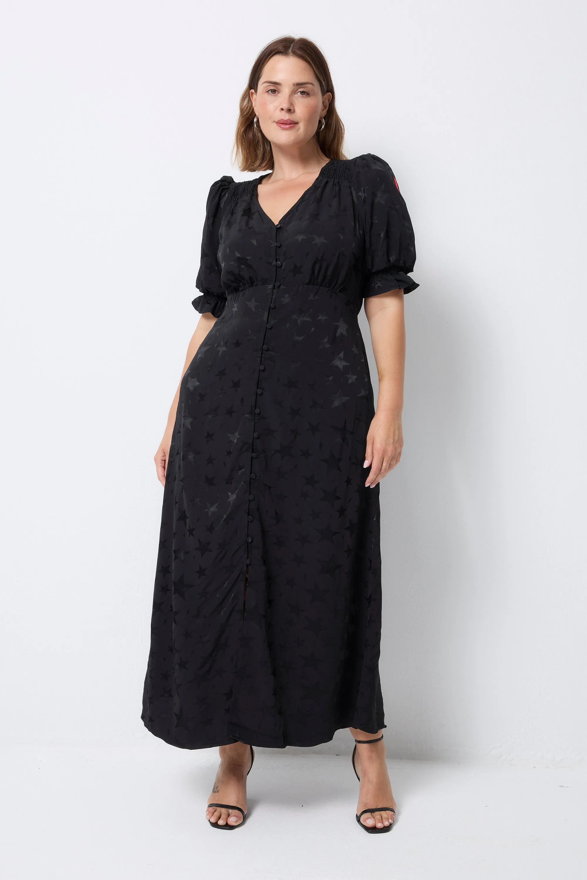Black Jacquard Star Flute Sleeve Midi Tea Dress Body Safe Satin Touch