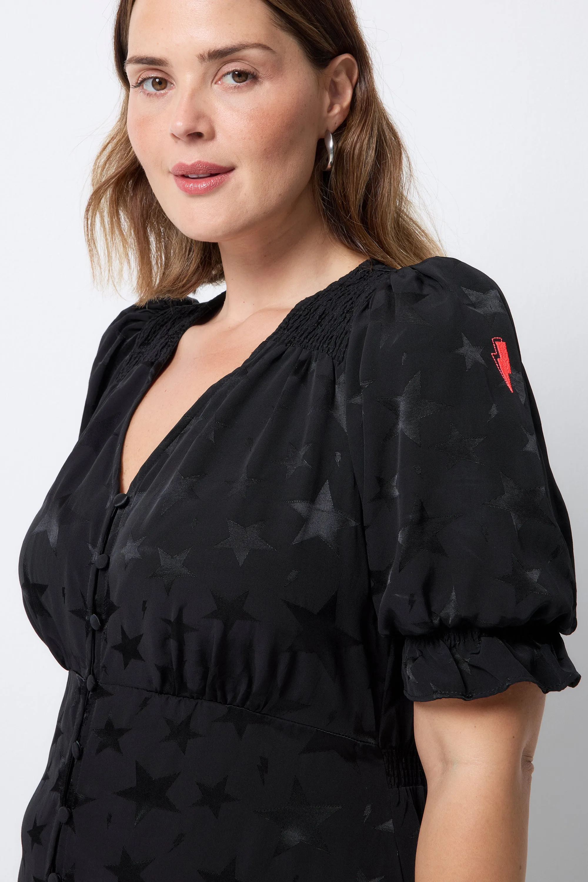 City Casual Cool Look Black Jacquard Star Flute Sleeve Midi Tea Dress