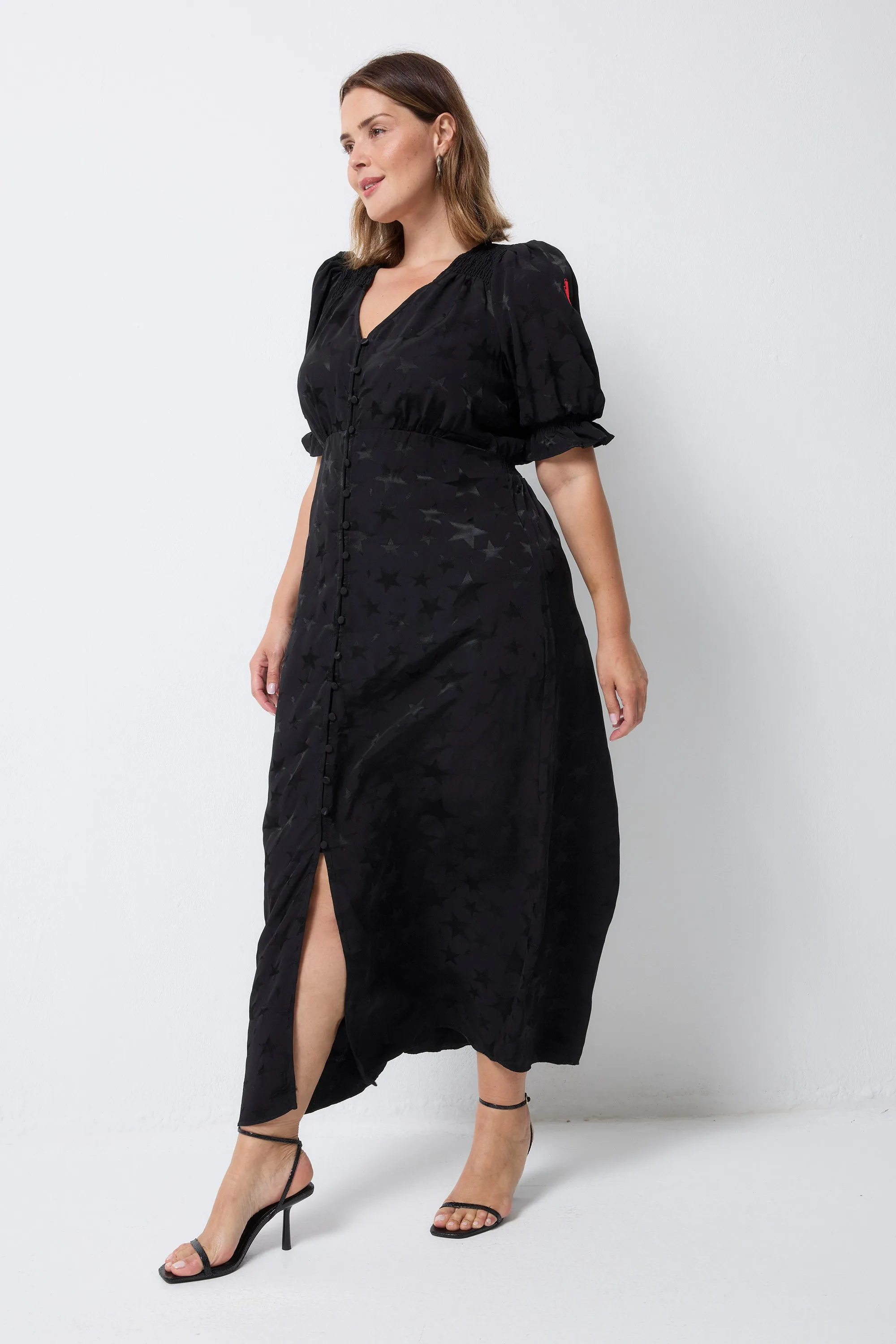 Black Jacquard Star Flute Sleeve Midi Tea Dress Charming Comfort Tear-resistant
