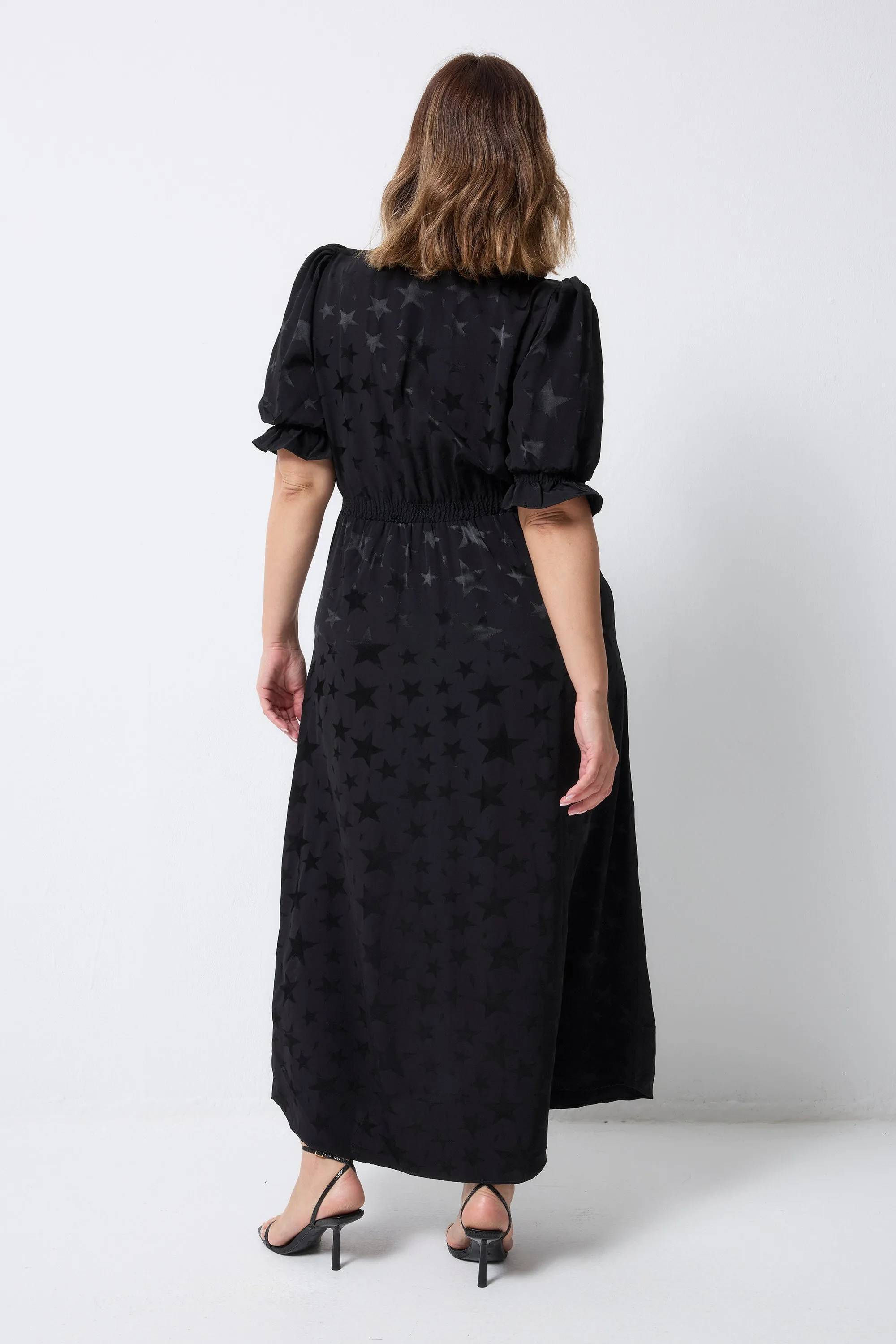 Edgy Look Gentle Motion Black Jacquard Star Flute Sleeve Midi Tea Dress