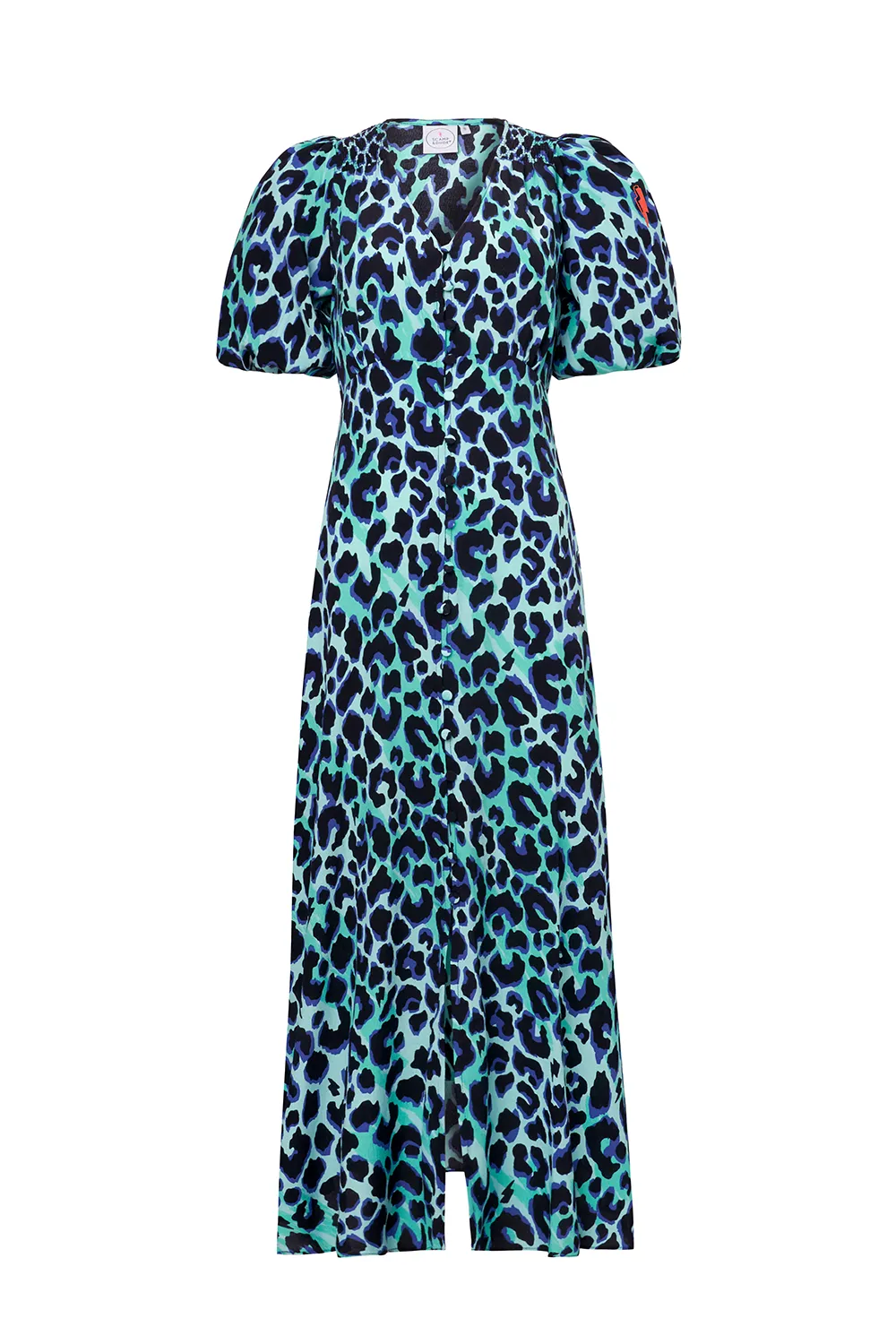 Turquoise with Black and Blue Shadow Leopard Puff Sleeve Midi Tea Dress Light Volume Balanced Texture