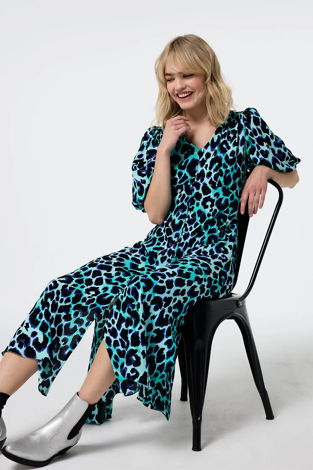 Evening Glow Sleek Waistband Turquoise with Black and Blue Shadow Leopard Puff Sleeve Midi Tea Dress