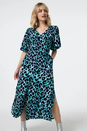 Turquoise with Black and Blue Shadow Leopard Puff Sleeve Midi Tea Dress Mid layer Modern Soft