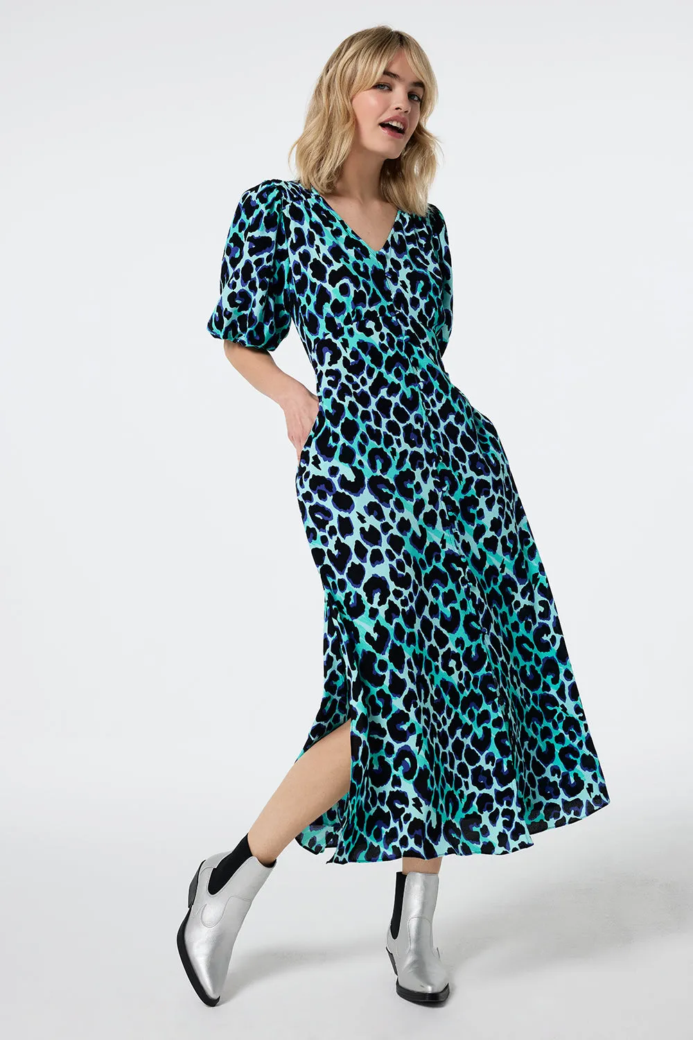 Elegant Waist Calm Mood Turquoise with Black and Blue Shadow Leopard Puff Sleeve Midi Tea Dress
