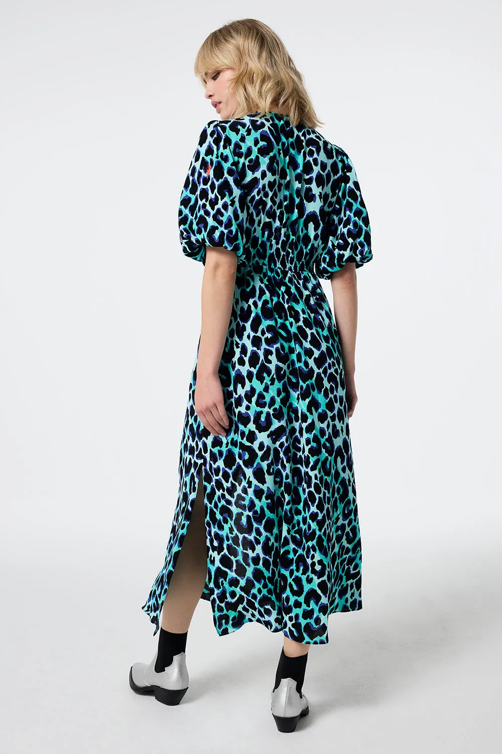 Turquoise with Black and Blue Shadow Leopard Puff Sleeve Midi Tea Dress NonSlipClosure