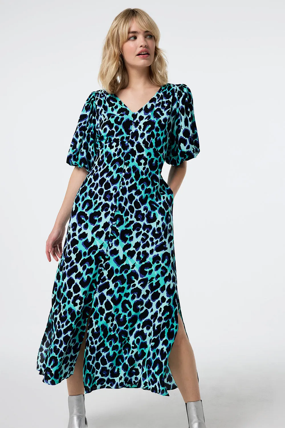 Turquoise with Black and Blue Shadow Leopard Puff Sleeve Midi Tea Dress Mid layer Modern Soft