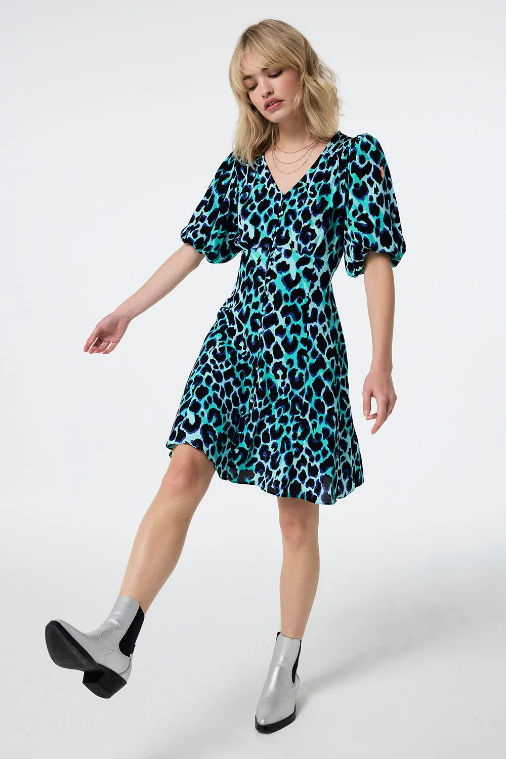 Button Accent relaxed elegance Turquoise with Black and Blue Shadow Leopard Puff Sleeve Short Tea Dress