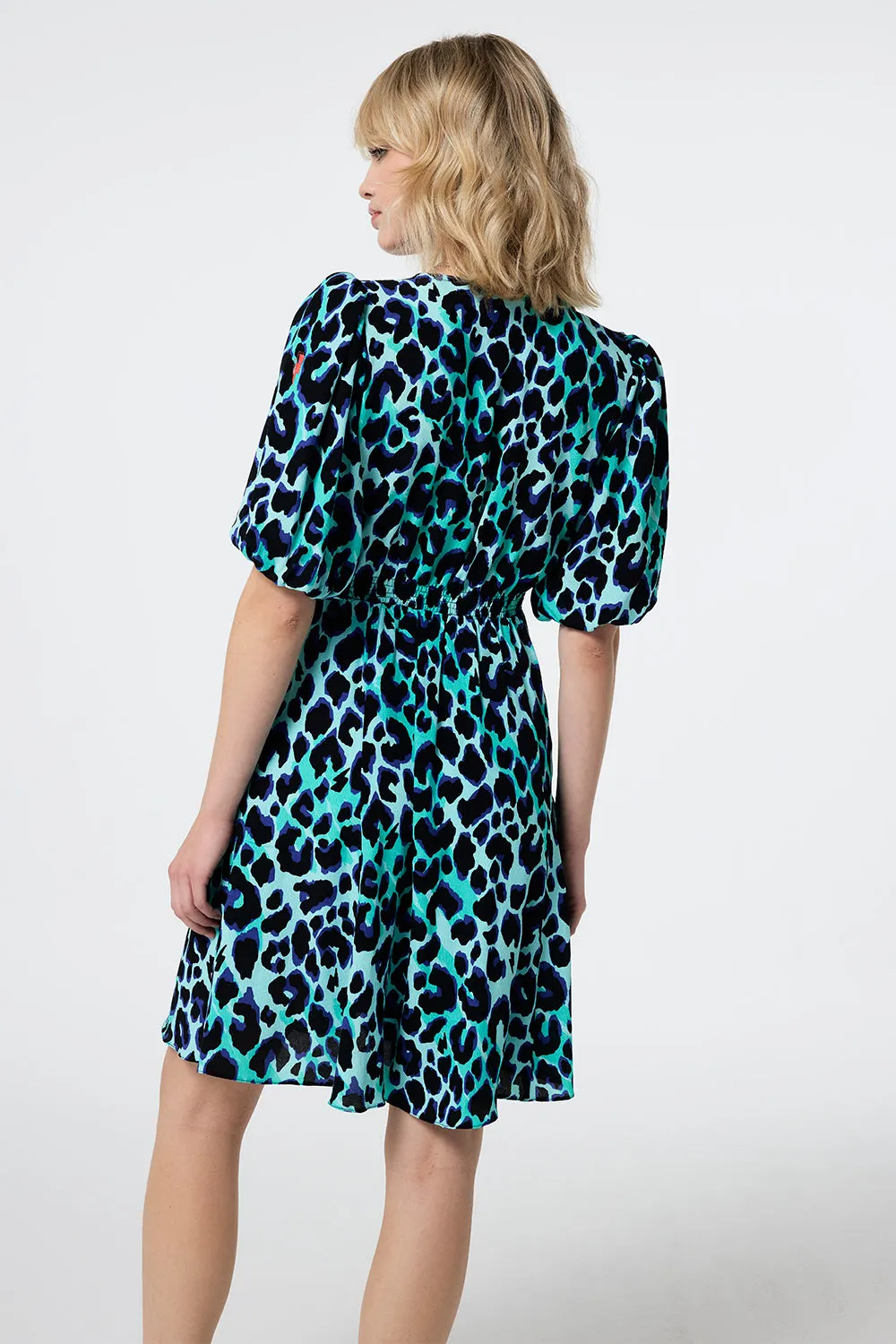 Turquoise with Black and Blue Shadow Leopard Puff Sleeve Short Tea Dress Travel Staple