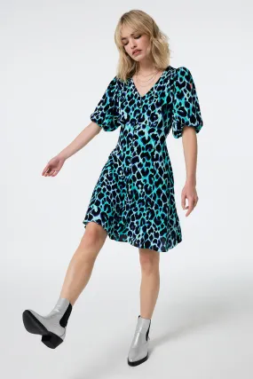 Button Accent relaxed elegance Turquoise with Black and Blue Shadow Leopard Puff Sleeve Short Tea Dress