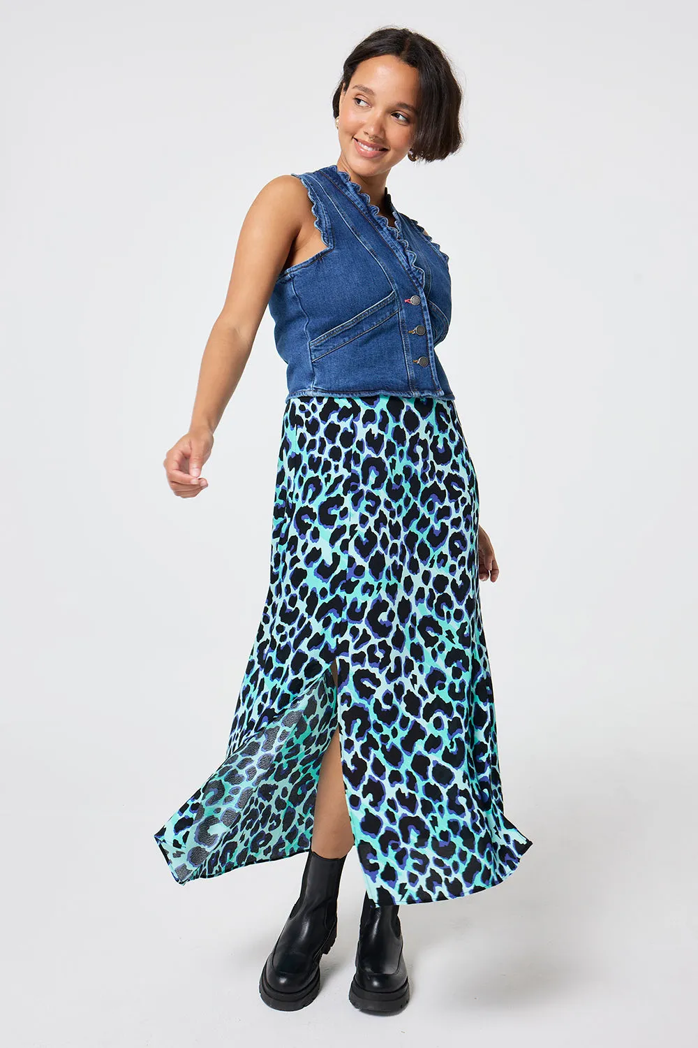 Turquoise with Black and Blue Shadow Leopard Split Front Skirt Classic Mood Cotton Rich